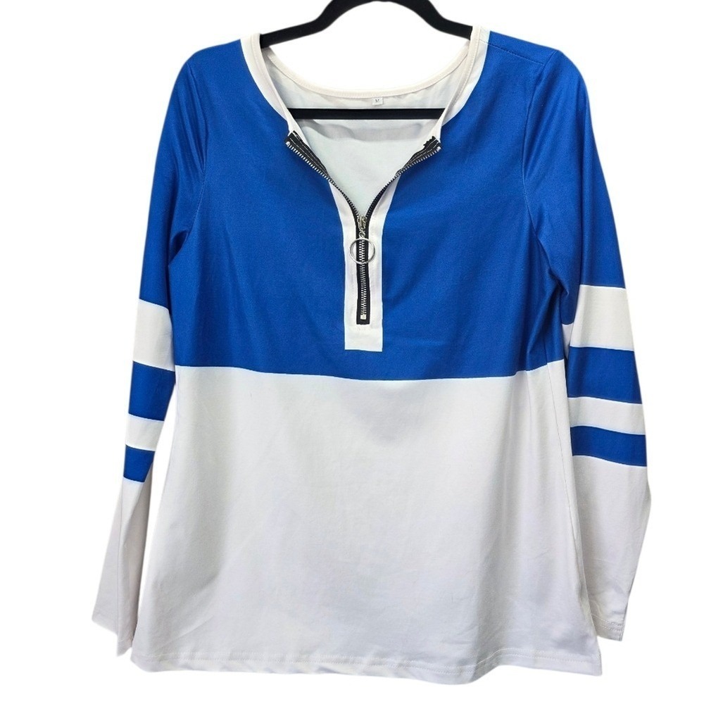 Blue and White Colorblock Quart Zip Athletic Top Ring Zipper Medium Performance